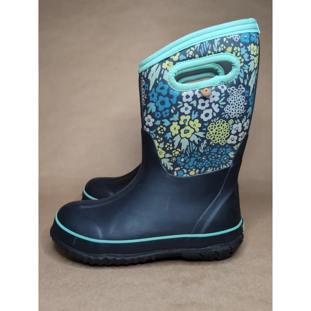 Bogs Youth 2 Classic Pull On Snow Boots Winter Blue Flowers Waterproof Girls